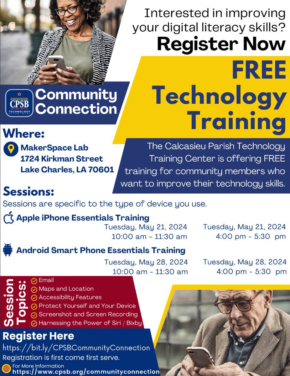 The CPSB Technology department is hosting a free training for community members who are looking to improve their technology skills. Find more details below, and register here: bit.ly/3v9Cv0b