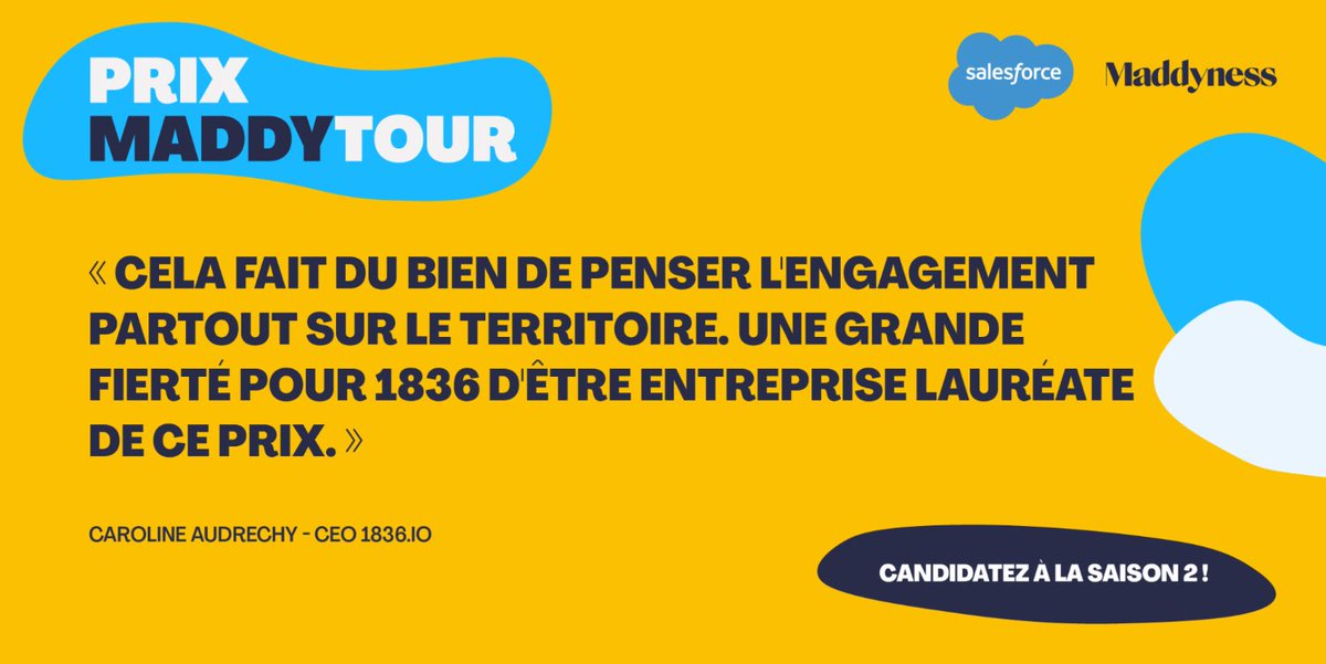 bymaddyness's tweet photo. Le Maddy Tour repart pour une nouvelle saison et portera cette année les projets de TPE, PME et ETI à impact ! 🔥

Comme Caroline Audrechy, CEO de https://t.co/VnTOq3l774 et lauréate 2023, prenez part à l'aventure #MaddyTour !  👀

👉https://t.co/HiiySAqgBT https://t.co/RUXsKuCJPL