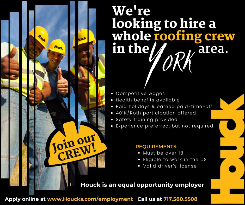 We're on the lookout for skilled roofers to join our roofing crew in the York area. If you're passionate about craftsmanship, safety-conscious, and ready to elevate your career, we want to hear from you! #NowHiring #RoofingJobs #JoinOurTeam