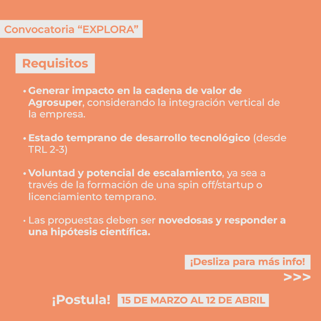 (1/2) Agrosuper junto a HUBTEC y en colaboración con la <a href="/RTransferenciap/">Red de TransferenciAP</a>🤝, invitan a investigadores/as a postular con propuestas que estén en etapas tempranas de desarrollo, que puedan aportar en alguna de las etapas de la cadena de valor de Agrosuper.