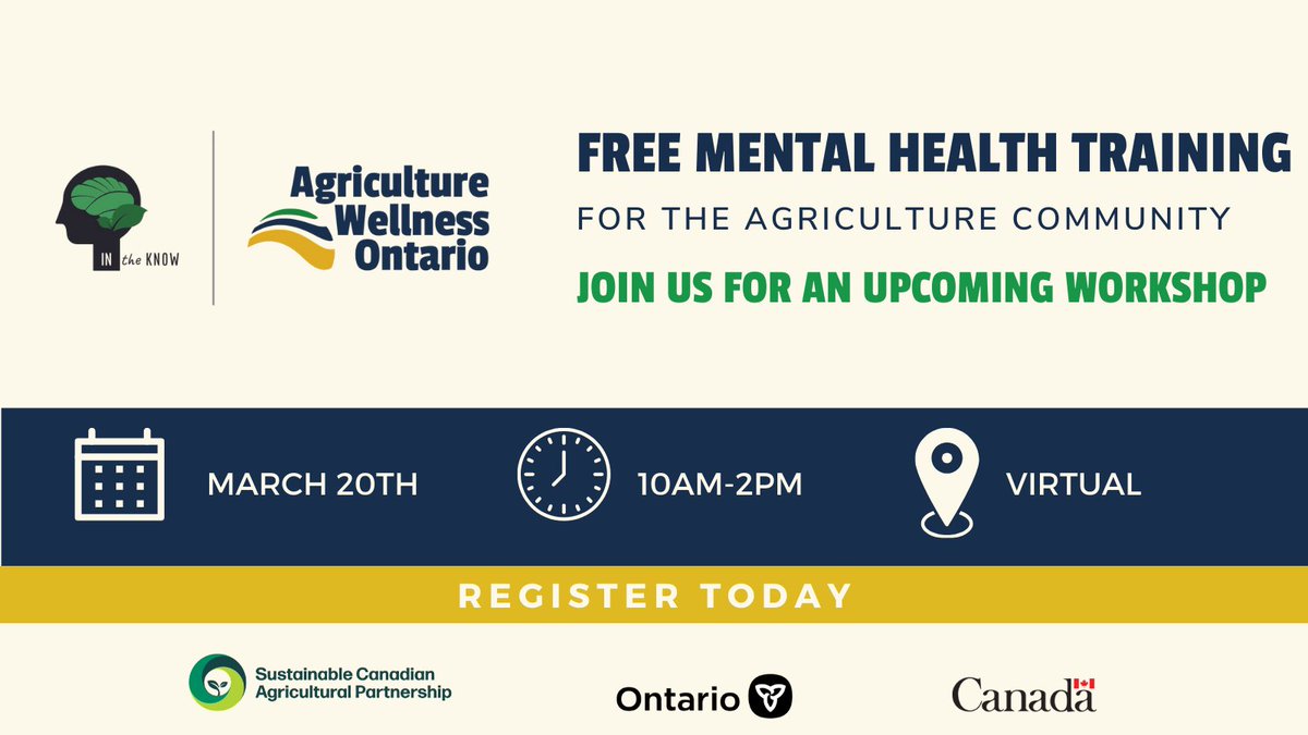 In the Know is a fantastic way to learn more about having conversations about mental health! Anyone in the Ontario ag community is welcome to attend the next upcoming workshop on March 20, 2024, so sign up right now! 

Register at bit.ly/3PMgCJR