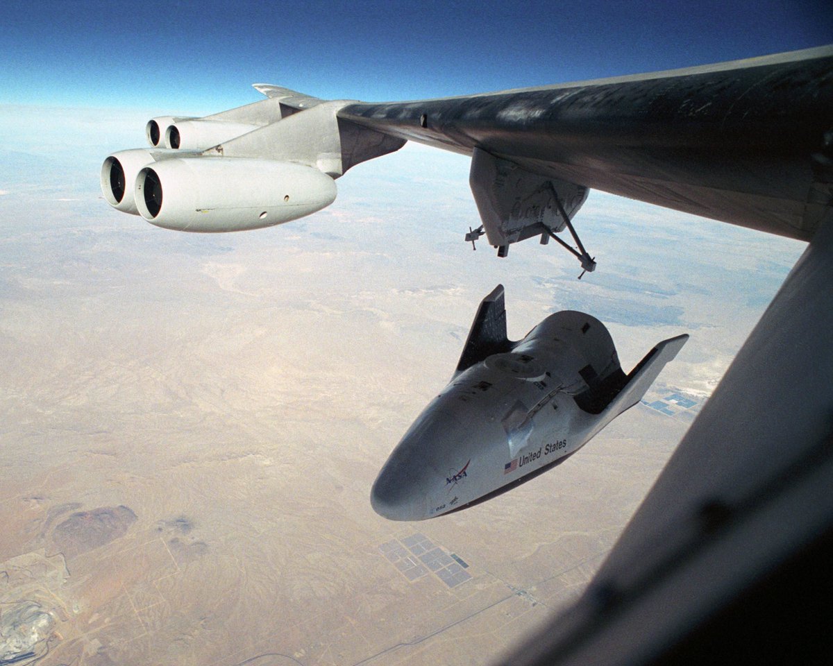 In the mid-1990’s, Scaled Composites built X-38 atmospheric test vehicles for NASA – a prototype of an astronaut crew return vehicle for the International Space Station. On March 12, 1998, a B-52 carried one aloft to drop for its first “free flight”!

#FirstFlightFridays #NASA