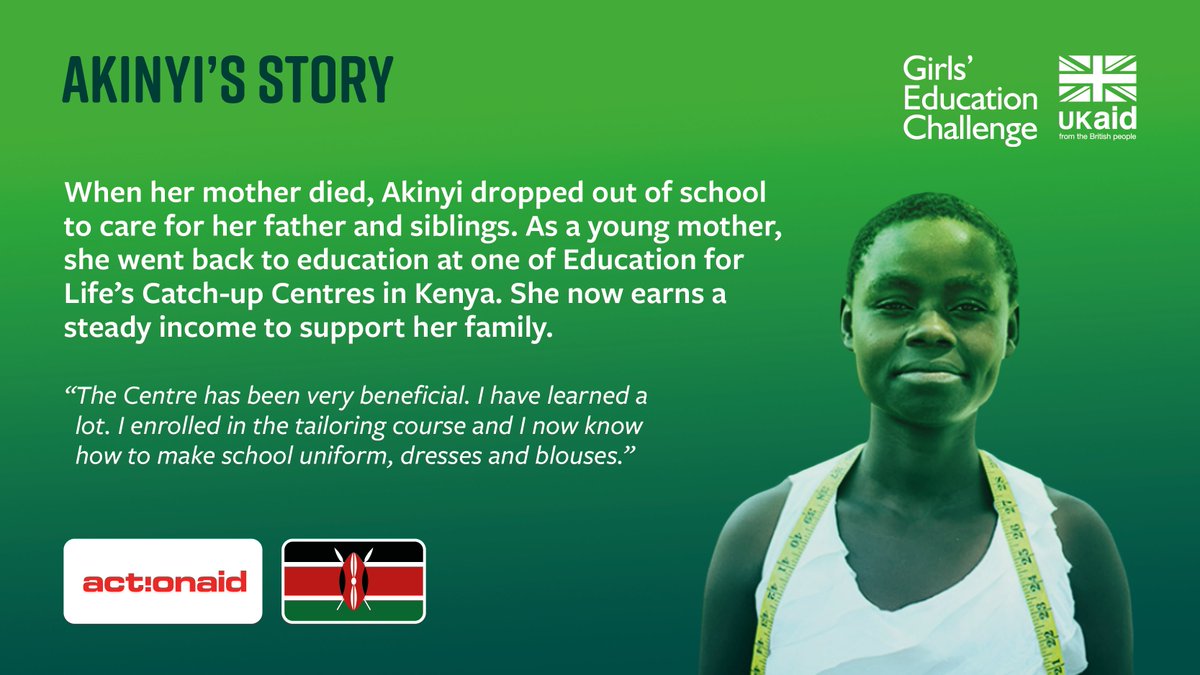 Through @ActionAid’s Education for Life project in Kenya 🇰🇪, Akinyi joined a catch-up class where she gained the skills and confidence to start her own tailoring business #12YearsoftheGEC #RightsFreedomPotential