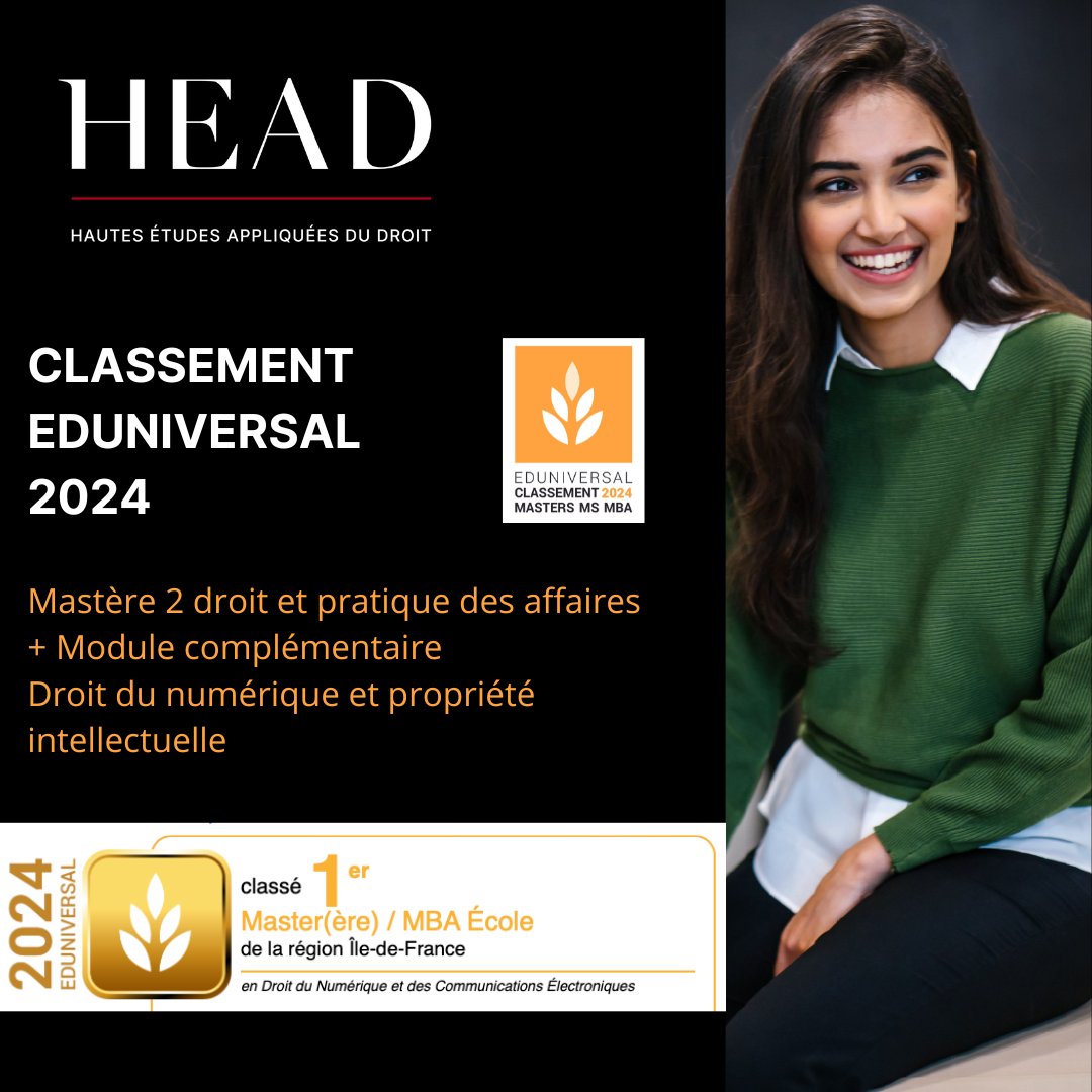 🏆 Classement national des meilleurs Masters, MS et MBA de France Eduniversal 2024.

Notre Mastère 2 droit et pratique des affaires, module complémentaire droit du numérique et propriété intellectuelle  a été classée 1er Mastère de la région ile de France dans sa catégorie.