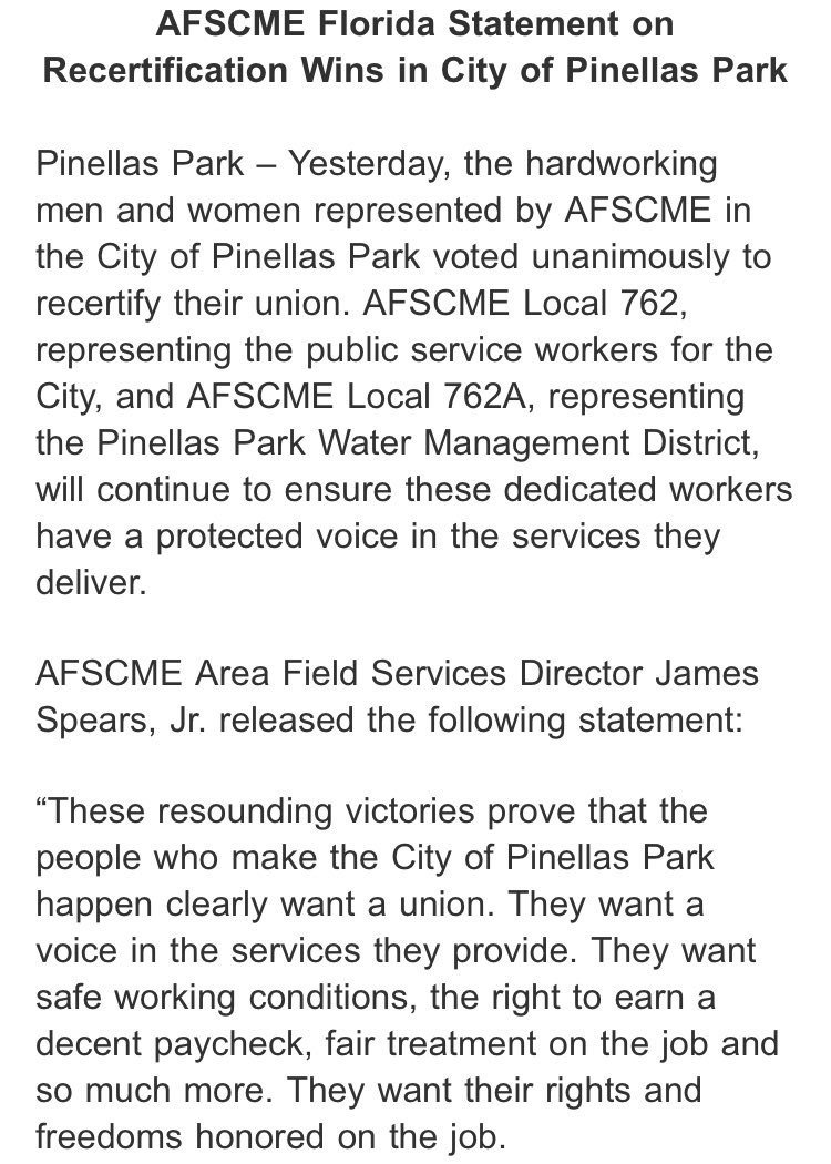 New: @AFSCMEFL says they’ve successfully managed to save two of their bargaining units in Pinellas Park, Florida that were facing decertification. 

Public service workers for both the city and water management district voted yesterday in favor of recertifying their unions 🧵