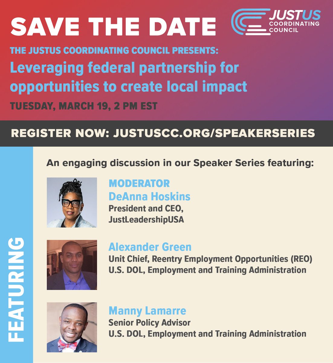 JustUS Coordinating Council (@justuscouncil) on Twitter photo We’re thrilled to invite you to the debut of the inaugural speaker series! This first session—Tuesday 3/19 at 2pm ET—will feature <a href="/USDOL/">U.S. Department of Labor</a> Employment & Training Administration.
Learn more & register now: justuscc.org/speakerseries
#USDOL #JustUS #FreeWebinar #FederalSpeakerSeries We’re thrilled to invite you to the debut of the inaugural speaker series! This first session—Tuesday 3/19 at 2pm ET—will feature <a href="/USDOL/">U.S. Department of Labor</a> Employment & Training Administration.
Learn more & register now: justuscc.org/speakerseries
#USDOL #JustUS #FreeWebinar #FederalSpeakerSeries