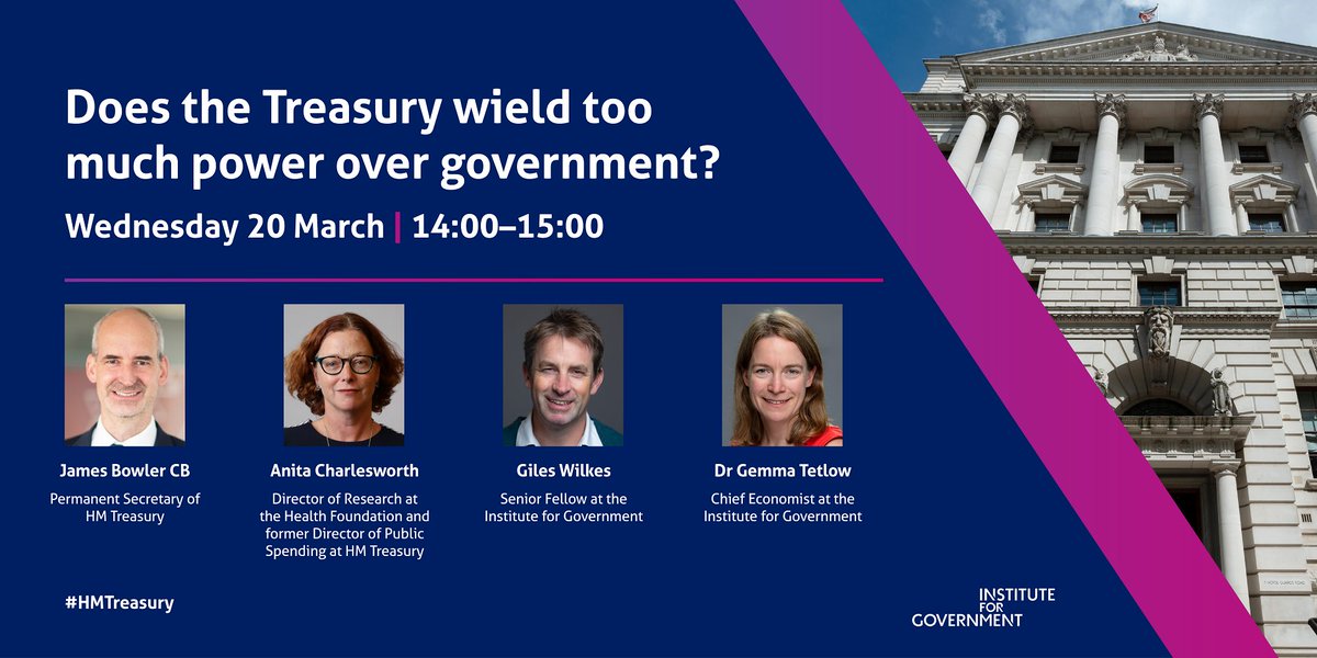 EVENT: Does the Treasury wield too much power over government? 📆 Wednesday 20 March, 14:00-15:00 With James Bowler @hmtreasury, Anita Charlesworth, @Gilesyb and @gemmatetlow Register here to join us in person or online: instituteforgovernment.org.uk/event/treasury…