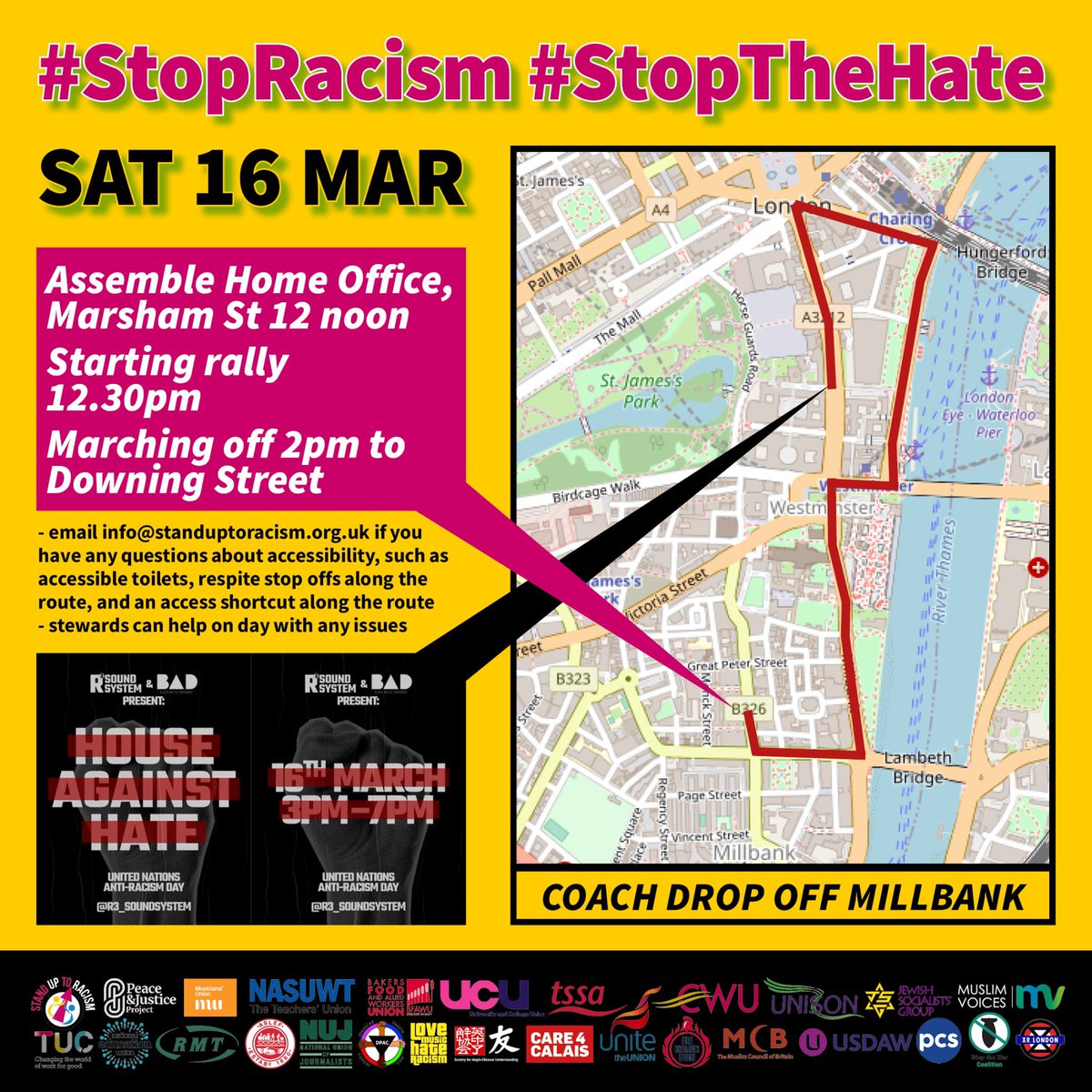 Tomorrow's #StopRacism #StopTheHate national demonstration in London (also Glasgow/Cardiff) organised by Stand Up To Racism in conjunction with #HouseAgainstHate @R3SoundSystem and @lmhrnational is supported by 17 trade unions, @MuslimCouncil, @JewishSocialist, other faith…