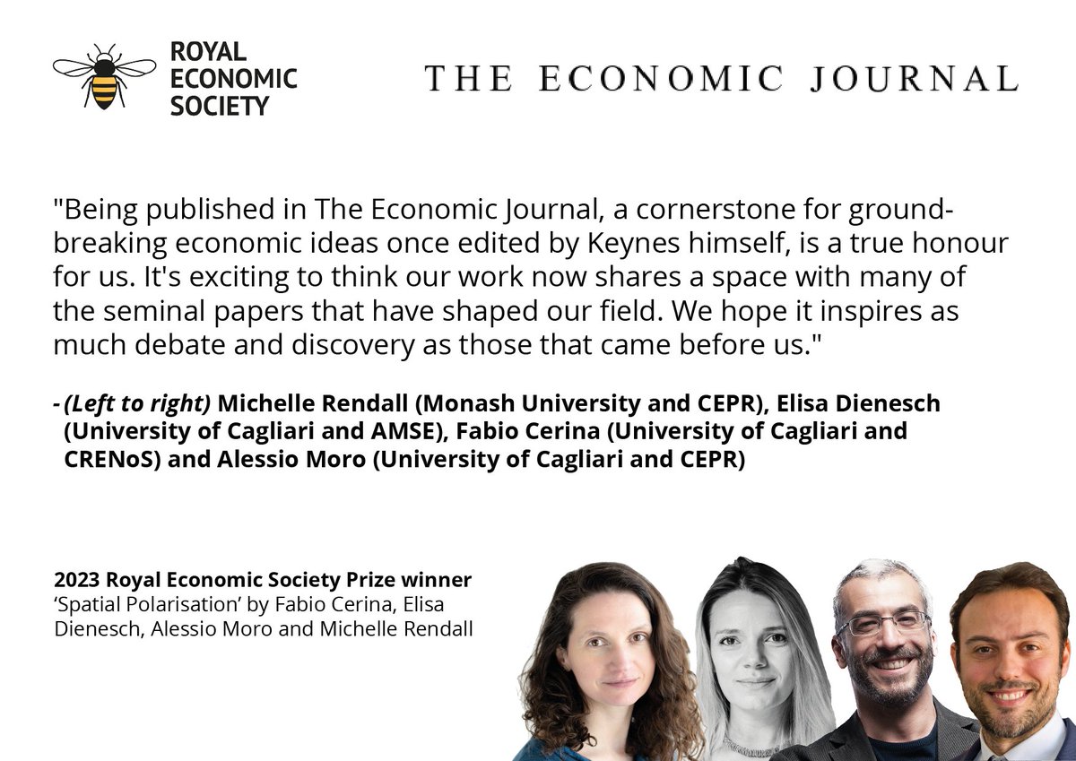 🏅Congratulations to @cerfaust, @Elisa_Dienesch, @AlessioMoro78 and Michelle Rendall @MonashUni for winning the 2023 @EJ_RES #RESPrize for 'Spatial Polarisation'. Read👉bit.ly/3wSCdep #EconTwitter #RESPrizes @cepr_org @univca