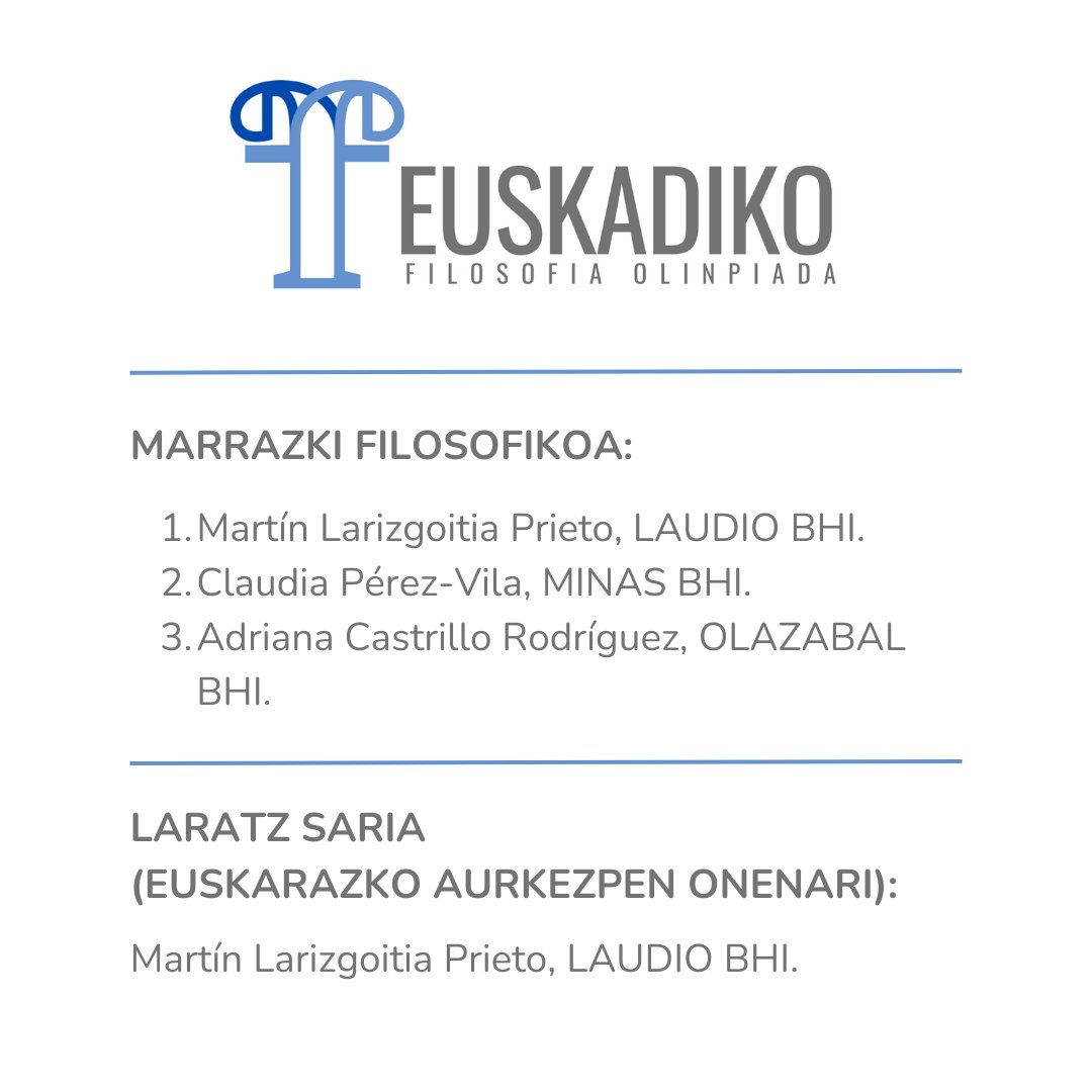 EOlinpiada's tweet photo. Hemen dituzue Gabi Daraspe, Alba Garmendia eta Mikel Aranburu epaileek aukeratutako Euskadiko VI. Filosofia Olinpiadaren irabazleak ikus-entzunezko modalitateetan.
ZORIONAK DANORI! https://t.co/rkAQsNuMiL