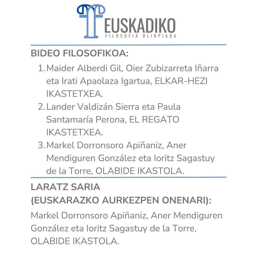 EOlinpiada's tweet photo. Hemen dituzue Gabi Daraspe, Alba Garmendia eta Mikel Aranburu epaileek aukeratutako Euskadiko VI. Filosofia Olinpiadaren irabazleak ikus-entzunezko modalitateetan.
ZORIONAK DANORI! https://t.co/rkAQsNuMiL