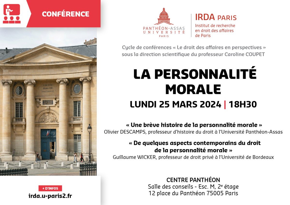 #ConfAssas #AssasUniv 📣Conférence « La personnalité morale» 📚👱 📅 25 mars 2024, 18H30 📍Centre Panthéon, Salle des conseils ℹ️ Détails : assas-universite.fr/fr/evenements/…