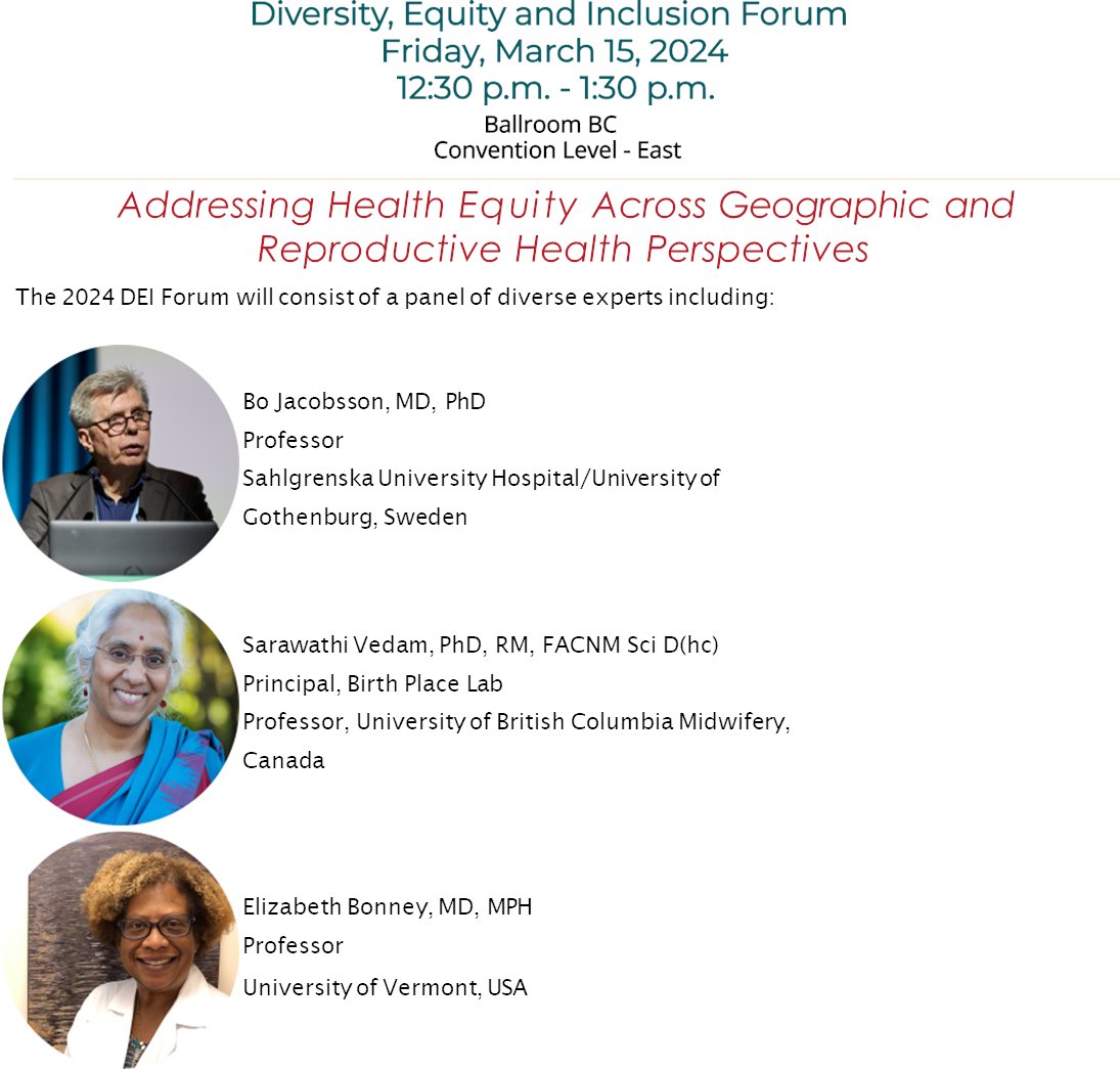 Looking forward to the DEI Forum today at 12:30-1:30 pm in Ballroom BC on 'Addressing Health Equity across geographic and reproductive health perspectives' with @BoJacobsson, Dr. Vedam @BirthPlaceLab and Dr. Bonney. #SRI2024 #DEIforum @SRIWomensHealth