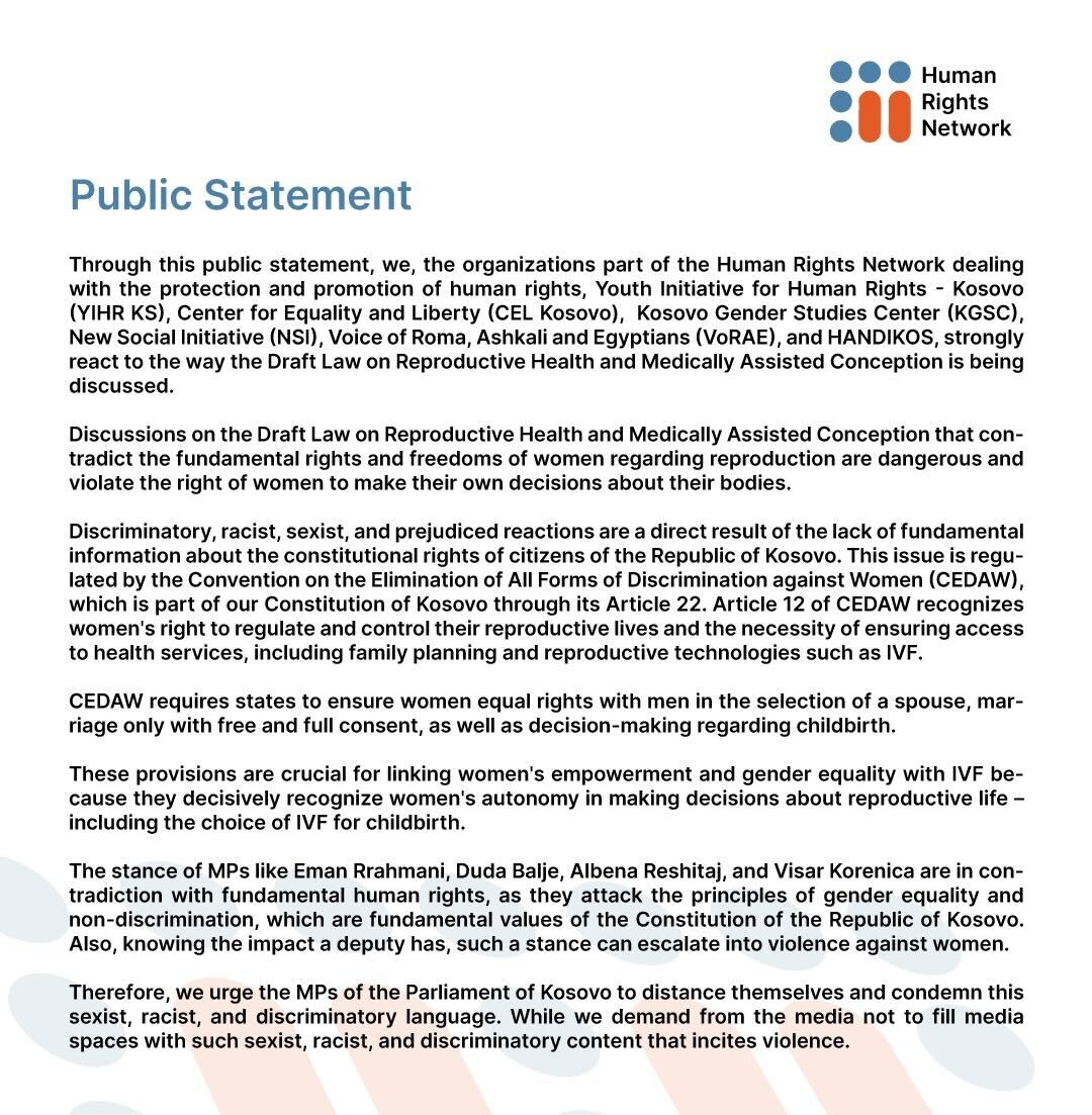 Through this public statement, we, the organizations part of the Human Rights Network dealing with the protection and promotion of human rights, strongly react to the way the Draft Law on Reproductive Health and Medically Assisted Conception is being discussed.