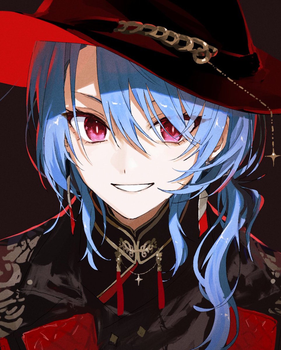 solo long hair looking at viewer smile 1boy red eyes hat  illustration images