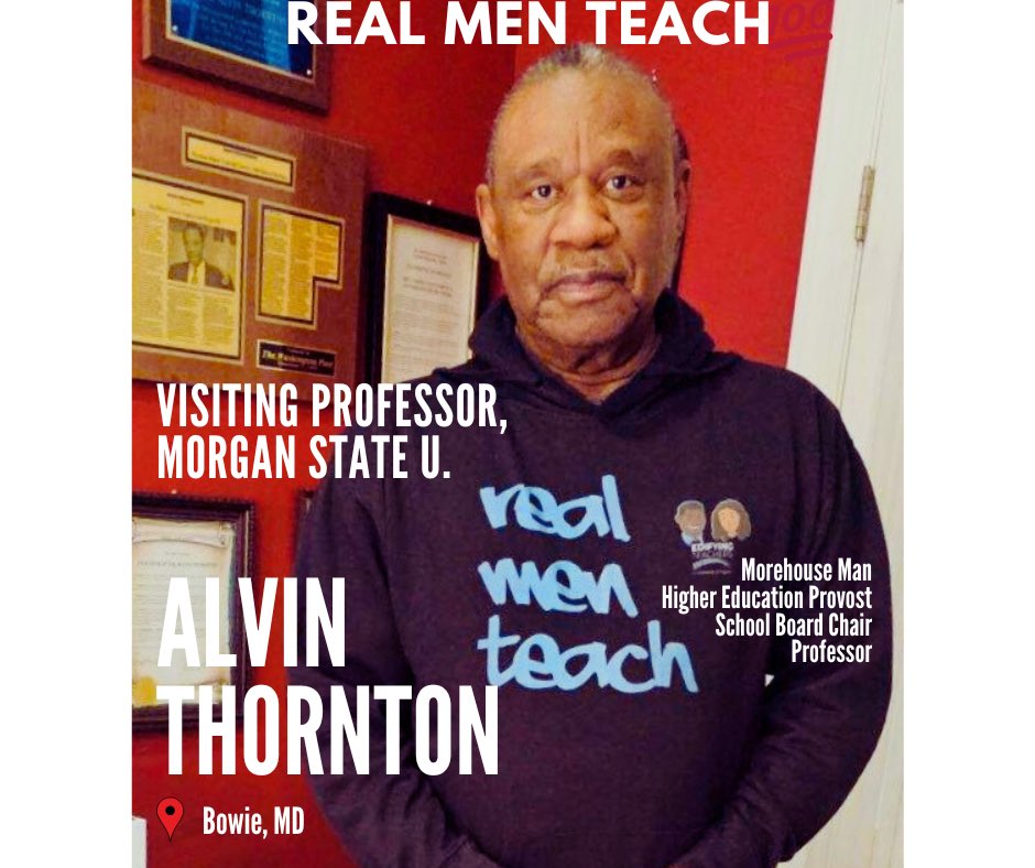 Real Men Teach is partnering with @EdifyTeachers 🩵🖤 Edifying Teachers provides personalized professional mentorship that supports and retains teachers of color. Today we celebrate Dr. Alvin Thornton, Visiting Professor at Morgan State U. Go to realmenteach.com/jobs today!