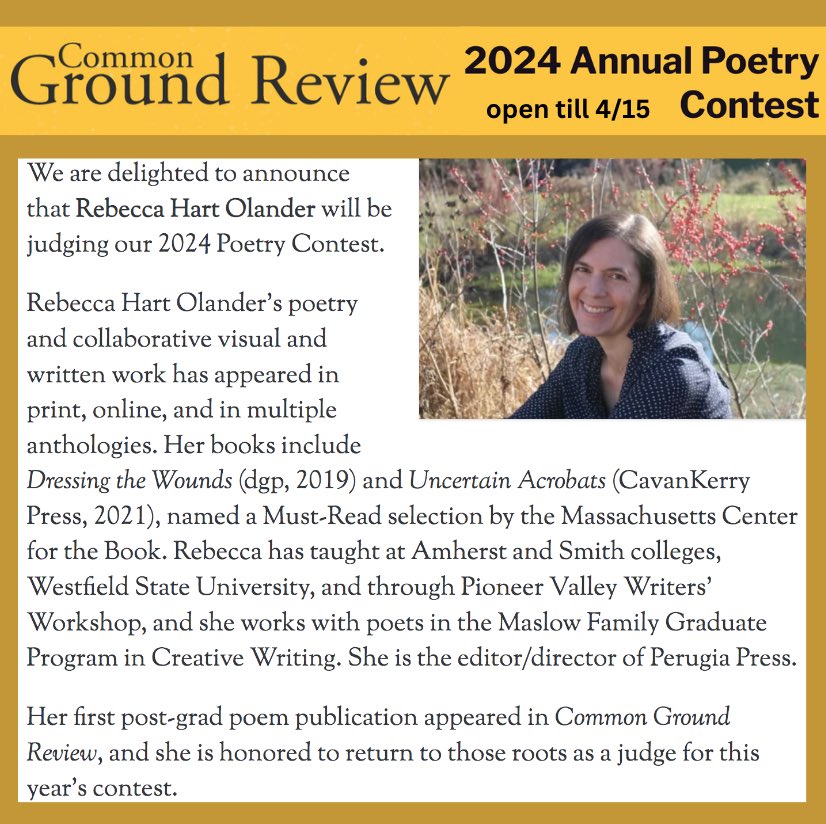 Common Ground Review was a great home for my first post-grad published poem & I’m honored to be serving as judge for CGR’s 2024 Annual Poetry Contest. Send 1-3 poems by April 15 via Submittable (see link in bio). Judging is anonymous. 🌟 @CommonGroundRev