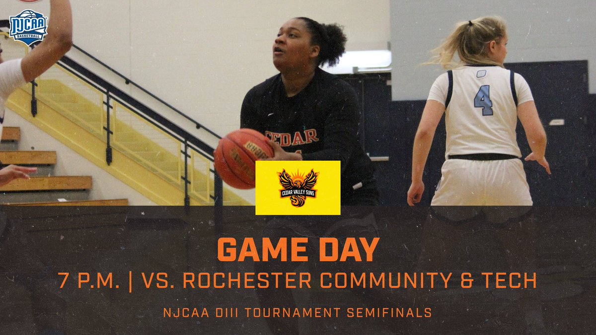 CedarValleySuns's tweet photo. ** NJCAA DIII Semifinals **

🏀 @CedarValley_WBB (19-5) vs. Rochester Community &amp; Technical College (22-4)
🕖 7 p.m.  CT
📺 https://t.co/hrPMVKM8dl 
📊 https://t.co/32YmKPbUfn 
📍 Rochester, Minn.  

#SunsUp | #NJCAABasketball https://t.co/dBU1Api8TZ