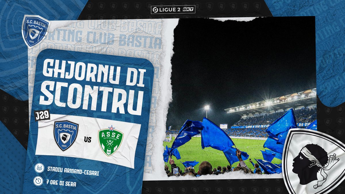 SCBastia's tweet photo. 🔵 #GhjornuDiScontru 🔵
🆚 @ASSEofficiel
⚽️ @Ligue2BKT (J29)
⌚️ 7 ore di sera
📍 Stadiu Armand-Cesari
📻 SCB Radio
📺 @beinsports_FR
📲 #SCBTFC
#AccadeÀChìCiCrede 👊 https://t.co/5F6lyJPzW2