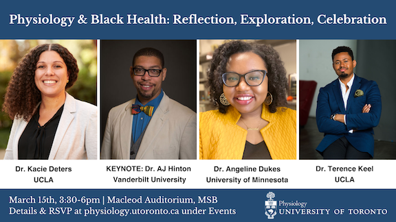 TODAY is the day! See you in the Macleod Auditorium, MSB, 3:30PM for our Physiology &amp; Black Health symposium featuring <a href="/KcD_PhD/">Kacie D</a>, @TheRealDrDukes, <a href="/TerenceKeel/">Terence Keel</a>, and keynote, <a href="/phdgprotein86/">Antentor Othrell Hinton, Jr PhD (A.J. Hinton)</a>. History, science, anti-racist activism - it's all happening here: shorturl.at/egklv