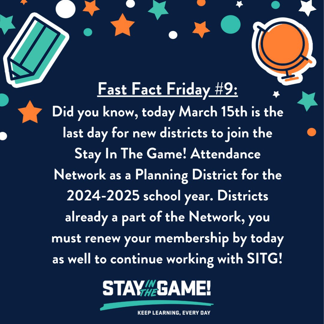 Happy #FastFactFriday! Don't miss out on this opportunity to prioritize student attendance! #StayintheGame is a free resource for districts and joining as a Planning District allows full access to all our great programming and incentives! Click this link to register as a Planning