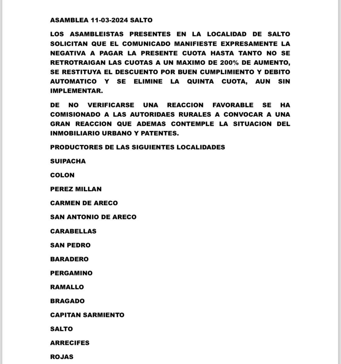 florenciarietto's tweet photo. Los productores agropecuarios de: Colón, Pérez Millán, Carmen de Areco, San Antonio de Areco, Carabellas, San Pedro, Baradero, Pergamino, Bragado, Ramallo, Capitán Sarmiento, Salto, Arrecifes y Rojas se reunieron en Asamblea y decidieron no pagar el inmobiliario hasta que no se retrotraiga el aumento al 200%. Están organizando más acciones.