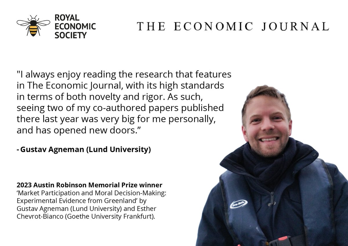 🏅Congratulations to @GAgneman @Lunduni_LUSEM and @estherbianc @goetheuni for winning @EJ_RES' 2023 #AustinRobinsonMemorial #Prize for ’Market Participation and Moral Decision-Making: Experimental Evidence from Greenland.’ Read👉bit.ly/3TDrVIf #EconTwitter #RESPrizes