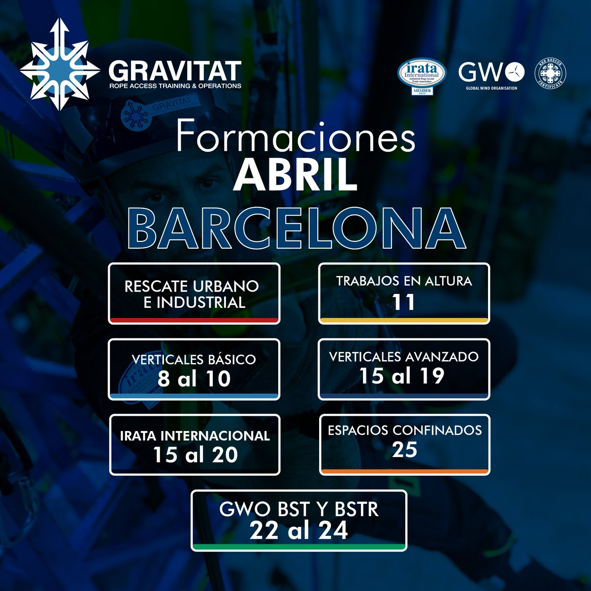 gravitatSL's tweet photo. Haz de tu carrera un ascenso constante: Cursos de Trabajos en Alturas y Verticales, IRATA certificados. ¡Regístrate ahora! 

Próximas fechas 🔜 https://t.co/NpNoWKsQ1c 

#Gravitat #irata #ropeaccess #ropeaccesstechnician #petzl #petzlprofessional #iratainternational https://t.co/GZJjXUSyLG