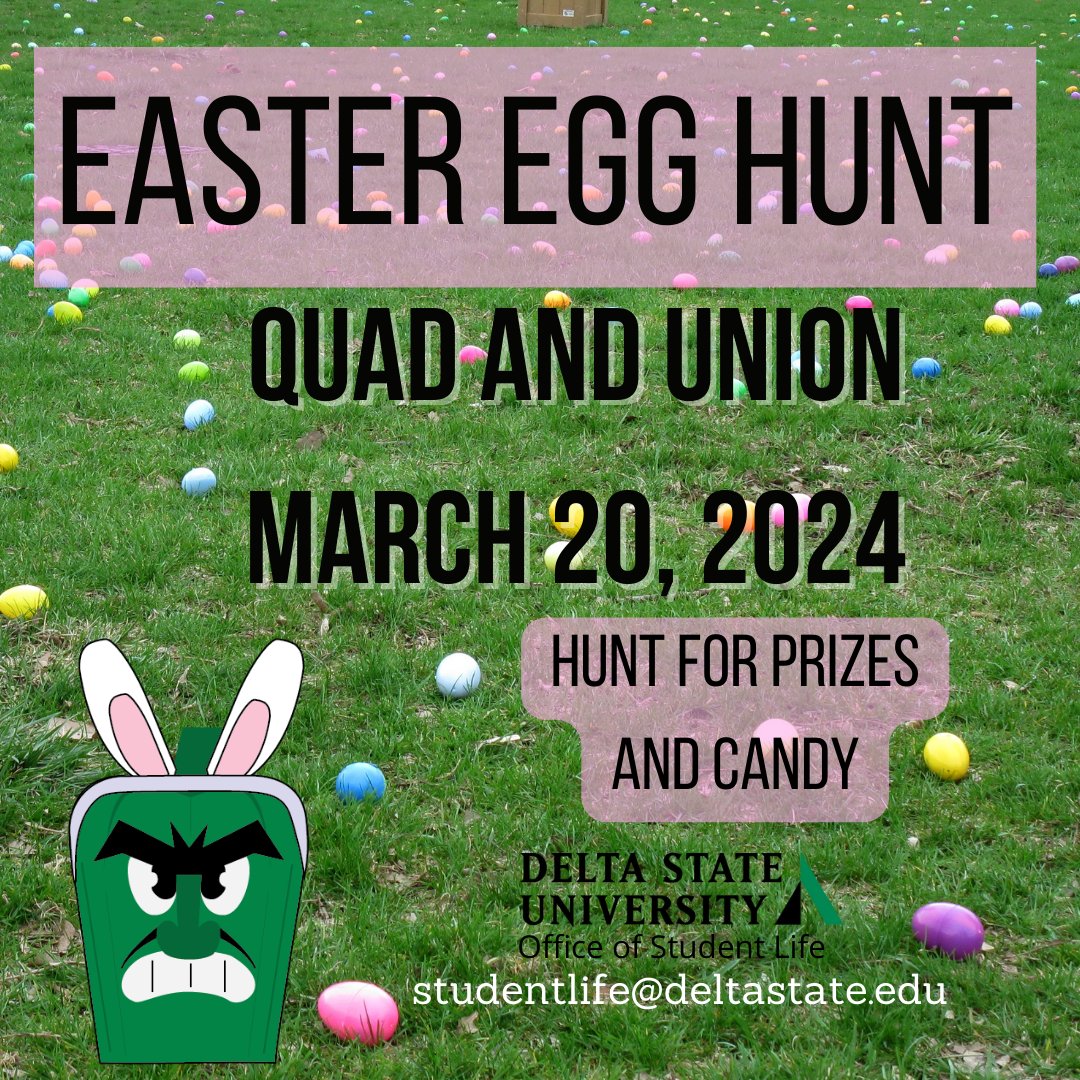 DSU Students! Enjoy an Easter Egg Hunt for the chance to win a Visa Gift Card and candy!🐰

This event is for Delta State University Students only.