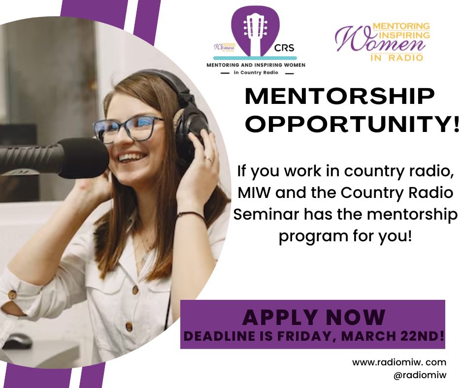 Happy Friday!!! Do you work in country radio? Are you looking for a great mentorship opportunity? MIW and Country Radio Seminar have the perfect radio mentorship! The deadline is Friday March 22nd, so you still have time!! Click here to apply: miw.secondstreetapp.com/MIW-Women-in-C…