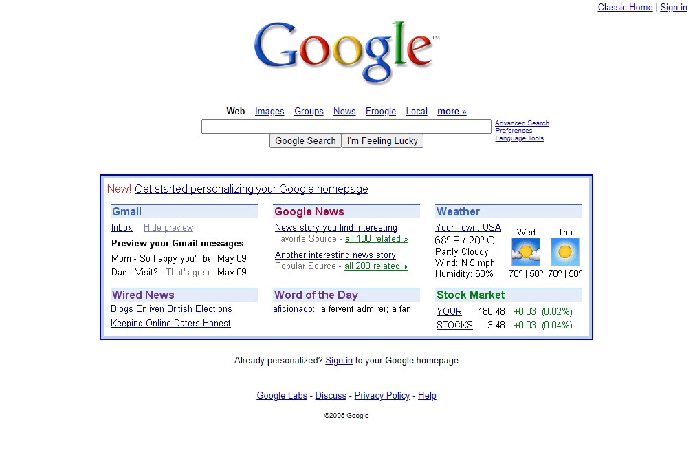 iGoogle – personalized Google page in 2005