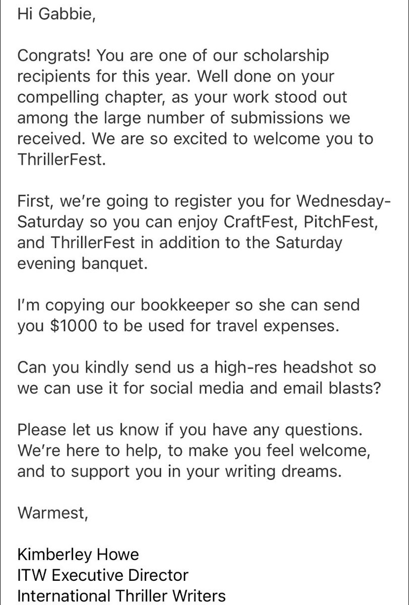 Please join me in congratulating my girlfriend on her scholarship from Thrillerfest! She’s an aspiring author and her entry was only 1 of 3 selected! 
She gets to go to New York for a week and meet many authors, do work shops, and even have a chance to pitch her book to agents!