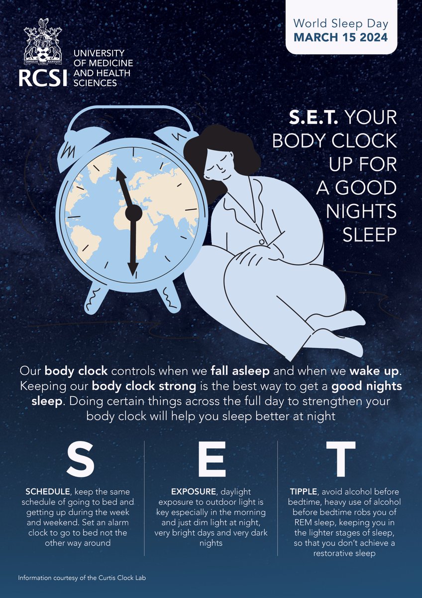 Today is #WorldSleepDay! Sleep is the single most effective thing we can do to reset our brain and body health each day. Here are some tips on improving your sleep from RCSI's Professor Annie Curtis @curtisclocklab 😴