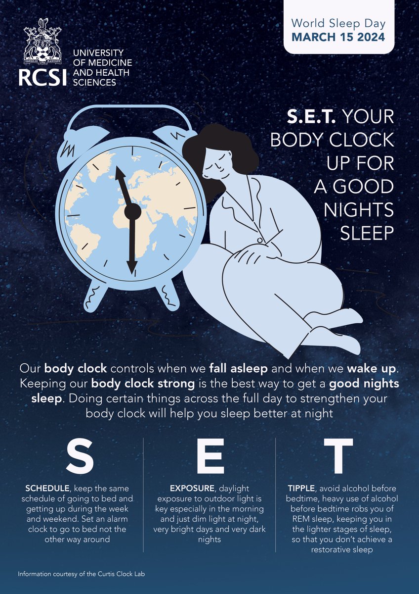 RCSI (@rcsi_irl) on Twitter photo Today is #WorldSleepDay!
Sleep is the single most effective thing we can do to reset our brain and body health each day.
Here are some tips on improving your sleep from RCSI's Professor Annie Curtis <a href="/curtisclocklab/">Annie Curtis - Clock Lab RCSI</a> 😴 Today is #WorldSleepDay!
Sleep is the single most effective thing we can do to reset our brain and body health each day.
Here are some tips on improving your sleep from RCSI's Professor Annie Curtis <a href="/curtisclocklab/">Annie Curtis - Clock Lab RCSI</a> 😴