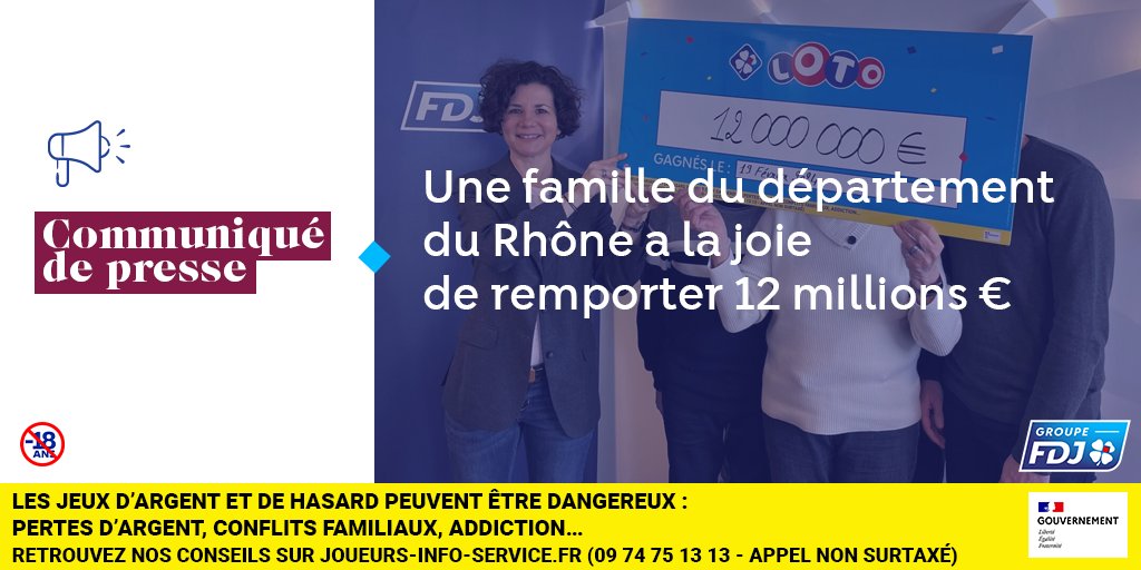 #FDJ a remis la somme de 12 millions d’euros à la famille qui a remporté le jackpot #Loto du 19 février 2024 dans le département du Rhône. Dans un premier temps, leur projet est de changer de véhicule et de voyager. 🛣️ groupefdj.com/presse/loto-un…
