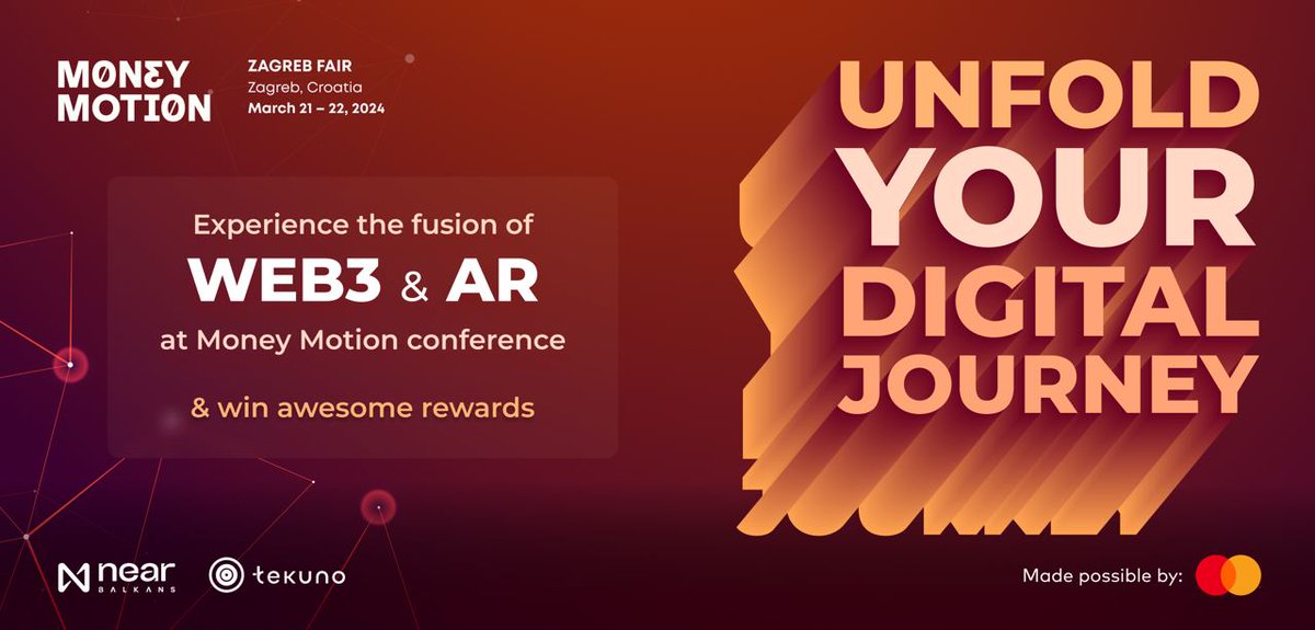 NEAR Balkans Hub ⋈ (@nearbalkan) on Twitter photo 🎉Unfold Your Digital Journey at <a href="/MoneyMotionXYZ/">Money Motion</a>!
Join the Web3 x AR fusion, collect all PODs and get a chance to win a unique experience in Istria and AR merch, made possible by Mastercard 💫
📅March 21 - 22, 2024
📍Zagreb Fair, Zagreb
#Web3 #Fintech #Zagreb 🎉Unfold Your Digital Journey at <a href="/MoneyMotionXYZ/">Money Motion</a>!
Join the Web3 x AR fusion, collect all PODs and get a chance to win a unique experience in Istria and AR merch, made possible by Mastercard 💫
📅March 21 - 22, 2024
📍Zagreb Fair, Zagreb
#Web3 #Fintech #Zagreb