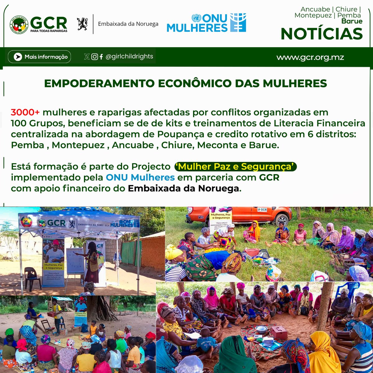 WOMEN ECONOMIC EMPOWERMENT

3000+ conflict-affected women organized in
100 Groups benefit Financial Literacy kits &amp; training centered on VSLA in 6 districts.
This is part of Women Peace and Security Project implemented by <a href="/onumulheresmz/">ONU Mulheres Moçambique</a> partner GCR with finance from <a href="/NorwayInMoz/">Norway in Mozambique</a>