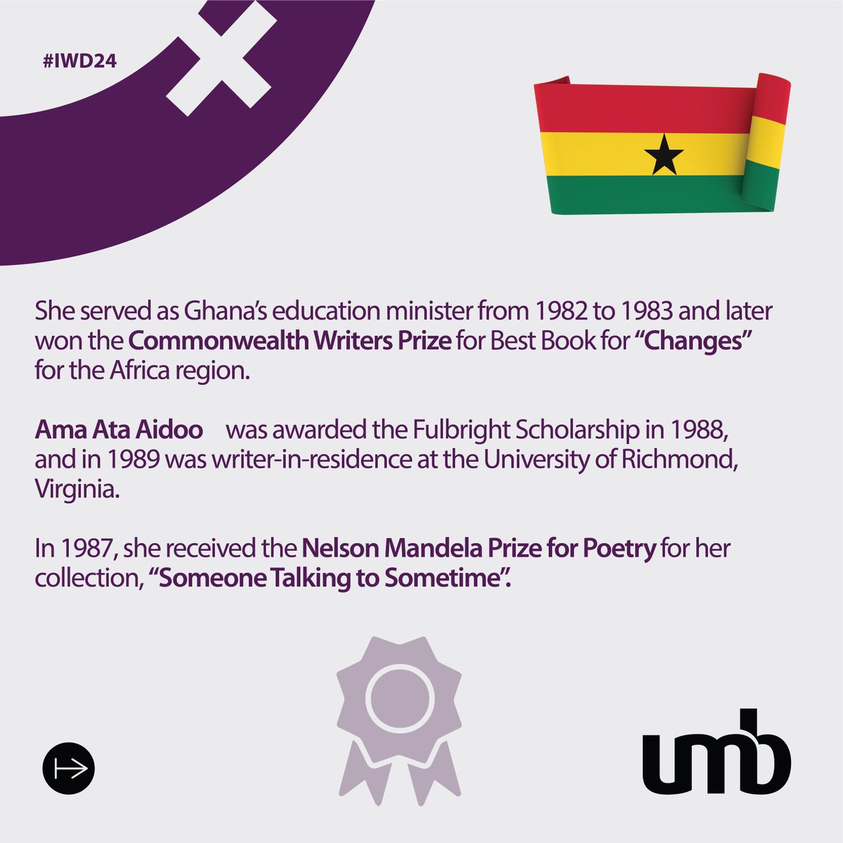 myumbbank's tweet image. Celebrating our Sheroes.

As we continue our month-long celebration of International Women’s Day (IWD), here is an interesting fact about Ama Ata Aidoo – a woman who was more than just a literary giant.

#FunFactsFriday #UMBAdvantage #GhanaMonth #IWD2024 #InspireInclusion