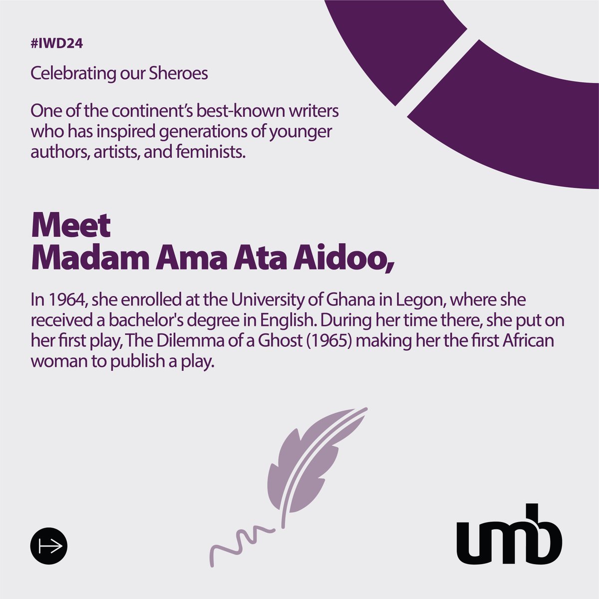 myumbbank's tweet image. Celebrating our Sheroes.

As we continue our month-long celebration of International Women’s Day (IWD), here is an interesting fact about Ama Ata Aidoo – a woman who was more than just a literary giant.

#FunFactsFriday #UMBAdvantage #GhanaMonth #IWD2024 #InspireInclusion