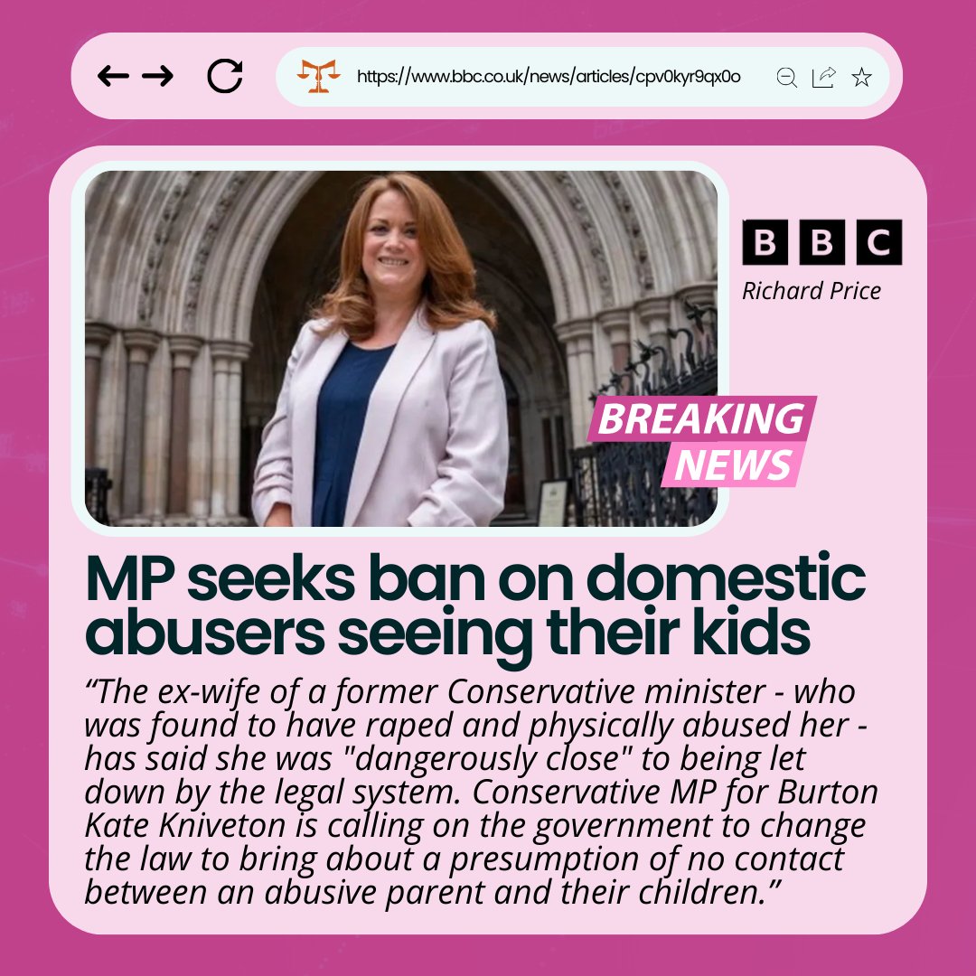 Kate Kniveton MP has called on the government to pass a law introducing a presumption of no contact between a child and their abusive parent. The presumption has eroded all parts of the family justice system, we need change!

Read the full article here: bbc.in/49TLba2
