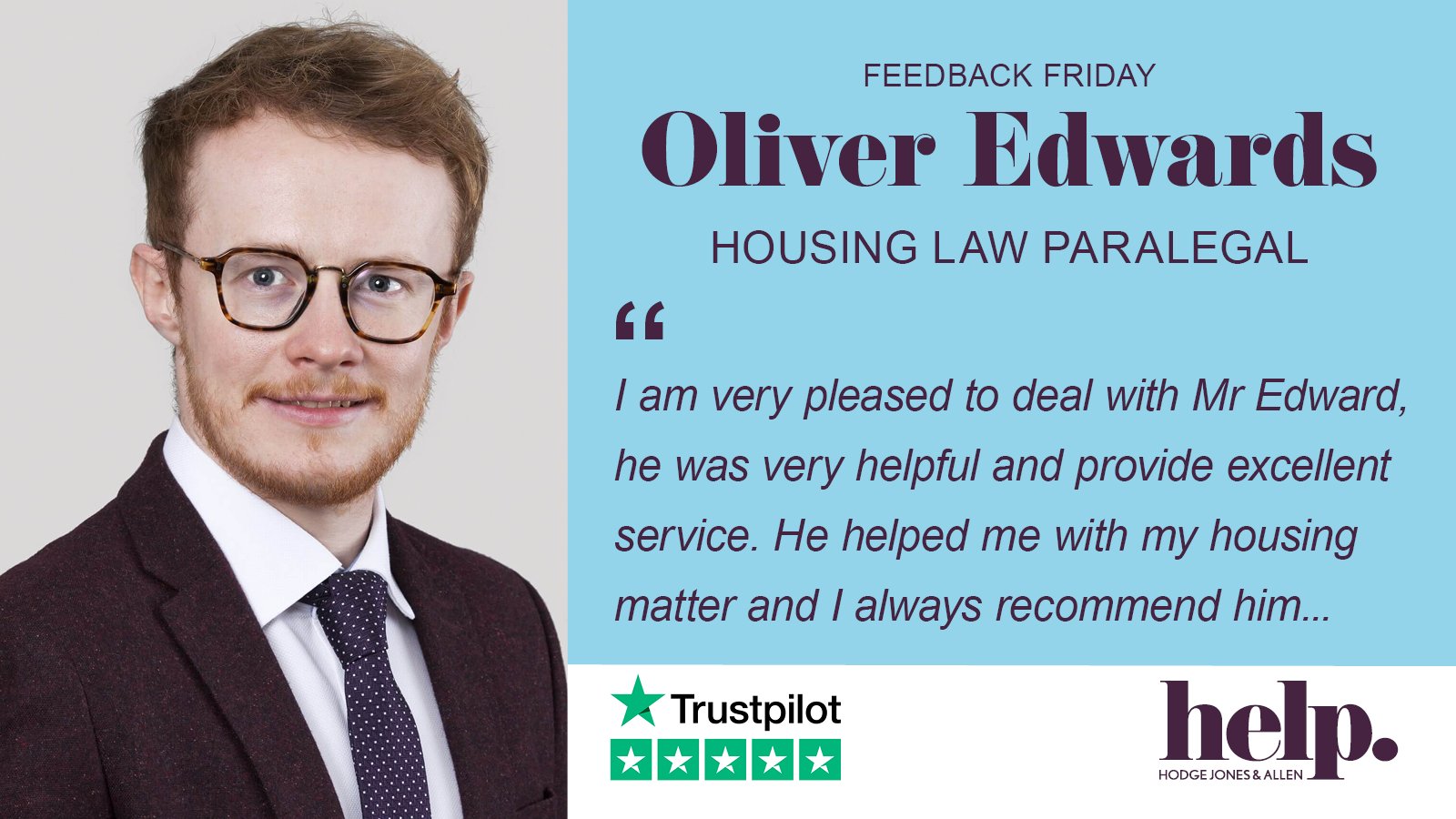 Hodge Jones & Allen on X: This weeks FeedbackFriday is for Oliver  Edwards, Paralegal in our @HJAHousingLaw team. Oliver predominantly acts  for clients in discrimination and judicial review claims, hes also been