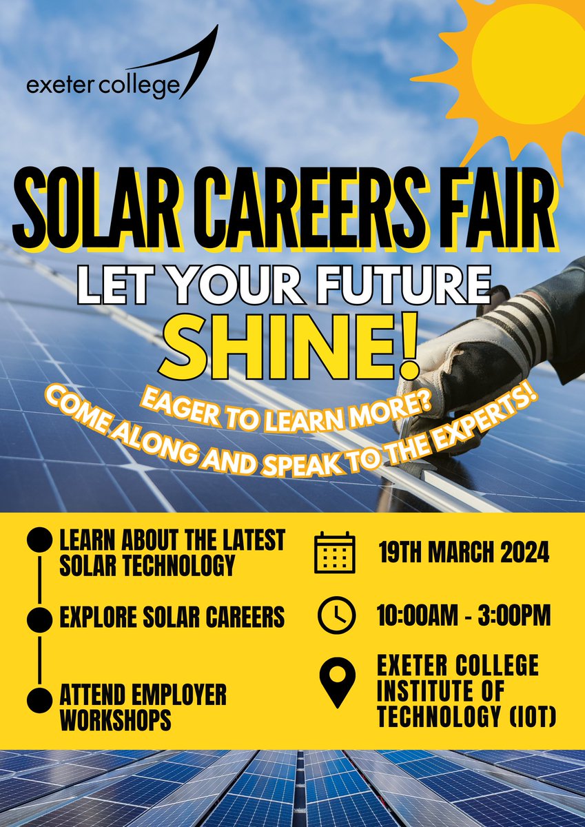 Exeter College Apprenticeships (@exeapprentices) on Twitter photo Next Tuesday! <a href="/ExeterCollege/">Exeter College</a>
Discover a hidden career in Solar! 🌞
Did you know solar installers on average earn £35,000 a year, and technical architects earn up to a whopping £78,000!? #careers Next Tuesday! <a href="/ExeterCollege/">Exeter College</a>
Discover a hidden career in Solar! 🌞
Did you know solar installers on average earn £35,000 a year, and technical architects earn up to a whopping £78,000!? #careers