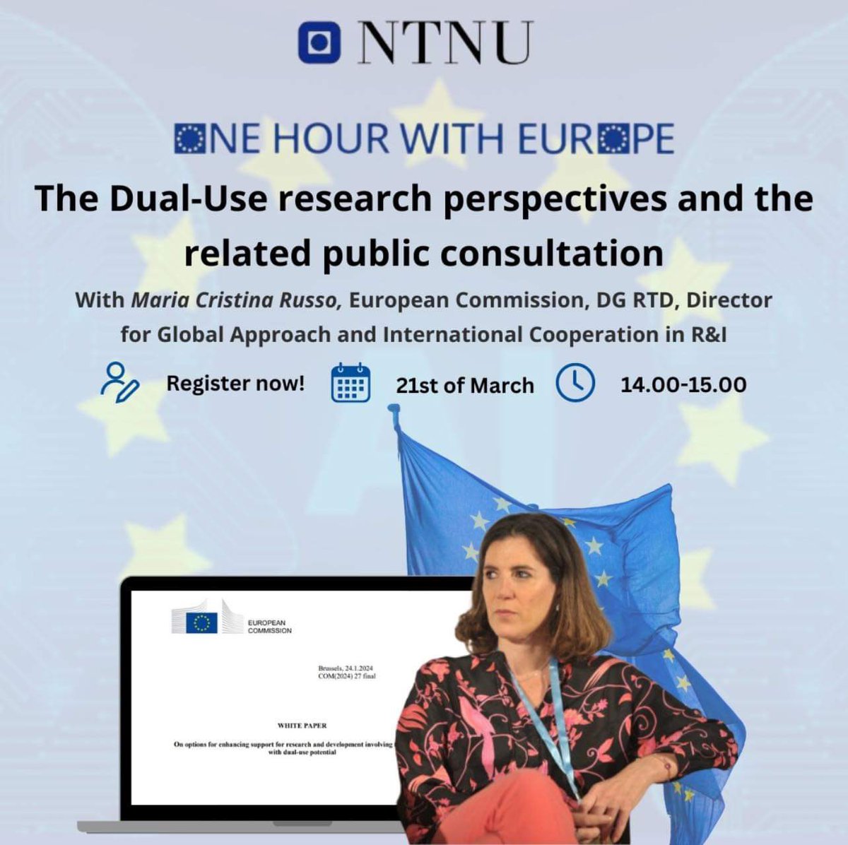 Massimo Busuoli (@massimobusuoli) on Twitter photo Learn more about the White Paper on Dual-Use research and the related public consultation.
Guest: <a href="/EU_Commission/">European Commission</a> Director for Global Approach and International Cooperation in R&I <a href="/MariaCrisRusso/">Maria Cristina Russo</a>.
21/3 at 14:00-15:00
Register before 20/3 at 12: forms.office.com/e/dmeAaSurHn Learn more about the White Paper on Dual-Use research and the related public consultation.
Guest: <a href="/EU_Commission/">European Commission</a> Director for Global Approach and International Cooperation in R&I <a href="/MariaCrisRusso/">Maria Cristina Russo</a>.
21/3 at 14:00-15:00
Register before 20/3 at 12: forms.office.com/e/dmeAaSurHn