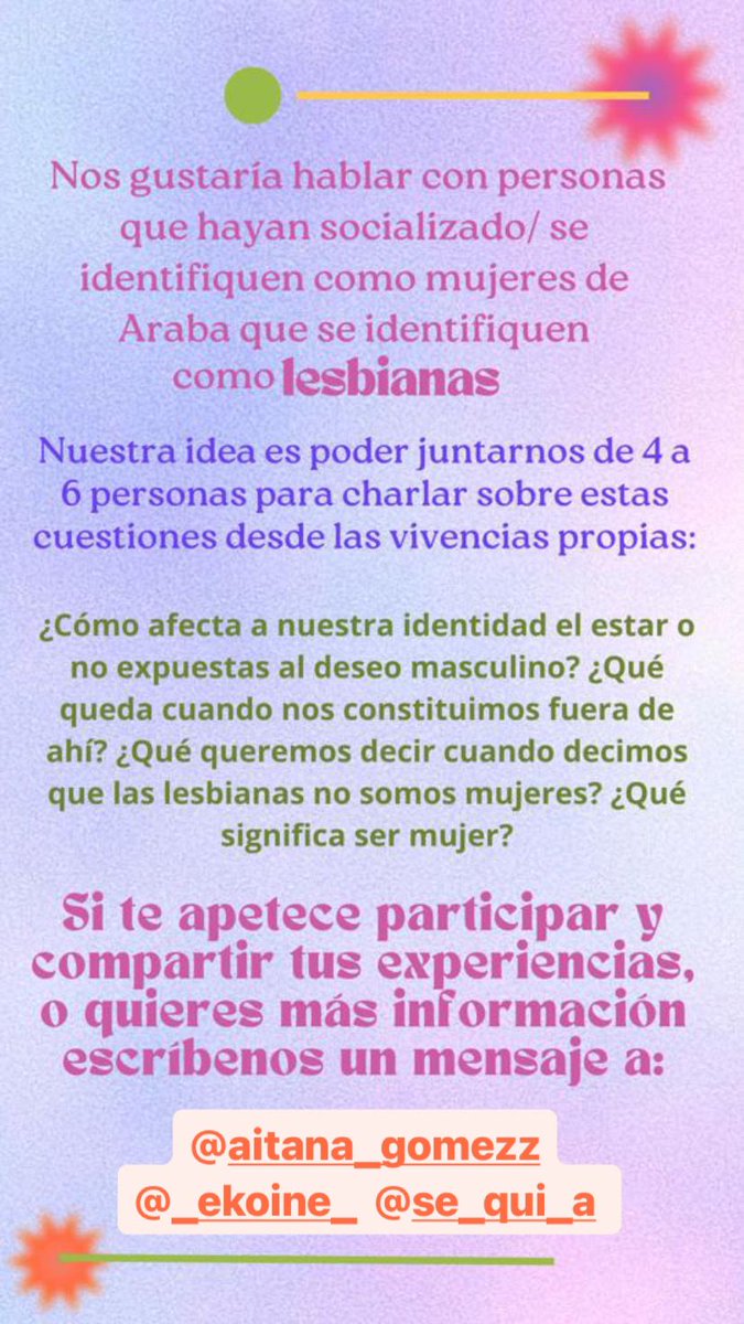 inesgonzzz's tweet photo. Txikas! Estamos buscando bolleras de Araba para charlar sobre deseo, género y mirada maskulina
Yo creo que va a ser txulo la verdad, animaoss! https://t.co/XGjLyAeNY0