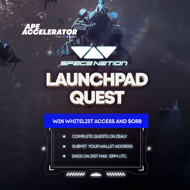 It’s competition time!!

Conquer our @SpaceNation quests to win galactic  prizes 🛸

🥇 Top Prizes: 50 $ORB + Silver Tier Whitelist
🥈 Runners-up: 10 $ORB + Bronze Tier Whitelist

⏰ Ends: 03/21/24 @ 12pm UTC

👉 zealy.io/cw/apeaccelera…

(NB: Wallet required for Launchpad access)