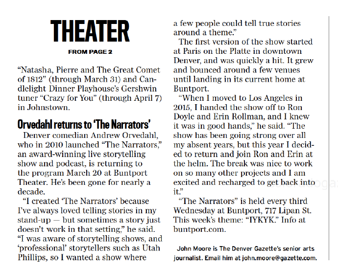 MooreTheatre's tweet photo. After nearly 10 years away, why Andrew Orvedahl is returning to #TheNarrators next week at @Buntport Theater.  In the @DenverGazette --> https://t.co/UPLU031srO @TheOrvedahl 

📸 @fromthehipphoto @rondoyleco @GrawlixComedy https://t.co/wVRUVKXmyQ