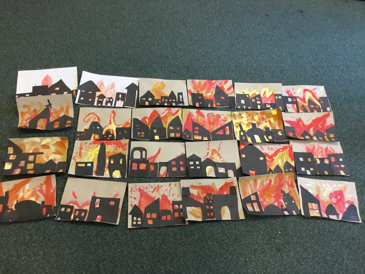 RimroseHope's tweet photo. Some amazing Great Fire of London artwork from 1/2B this afternoon. We used paints to create the roaring flames and then collaged buildings on top! #artistsatwork #TheGreatFireofLondon https://t.co/7cCntIanis