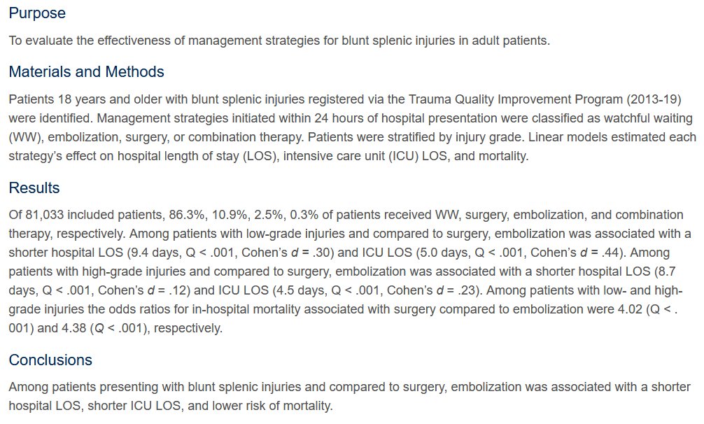 Nice work by @A_Ryce just out in @JACRJournal led by @NimaKokabiMD: ' Among patients presenting with blunt splenic injuries and compared to surgery, embolization was associated with a shorter hospital LOS, shorter ICU LOS, and lower risk of mortality.' jacr.org/article/S1546-…