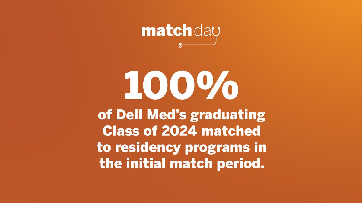 DellMedSchool's tweet photo. Ahead of #MatchDay2024 this morning, we're proud to share that 100% of our graduating class matched to residency programs in the initial match period. Congrats to the #DellMedClassof2024 on this rare accomplishment! https://t.co/u7KTtd3uoJ