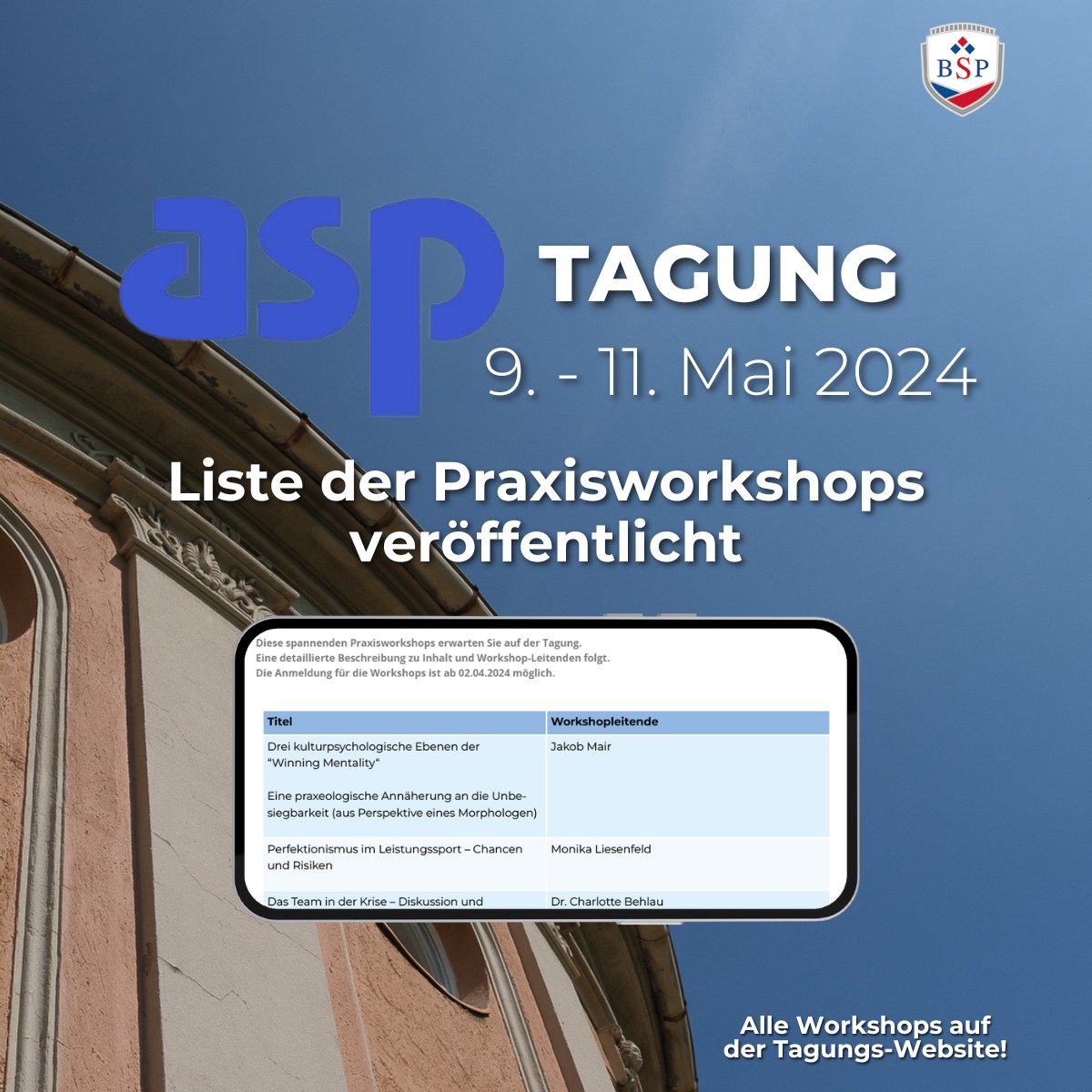 Eine Übersicht aller Praxisworkshops der asp-Tagung 2024 vom 9.-11. Mai an der BSP ist nun veröffentlicht: asp-tagung.de/praxisworkshop/. Die Wahl der Workshops ist ab 2. April möglich. Zuvor bedarf es einer verbindlichen Anmeldung zur Haupttagung. @asp_sportpsycho #sportpsychologie